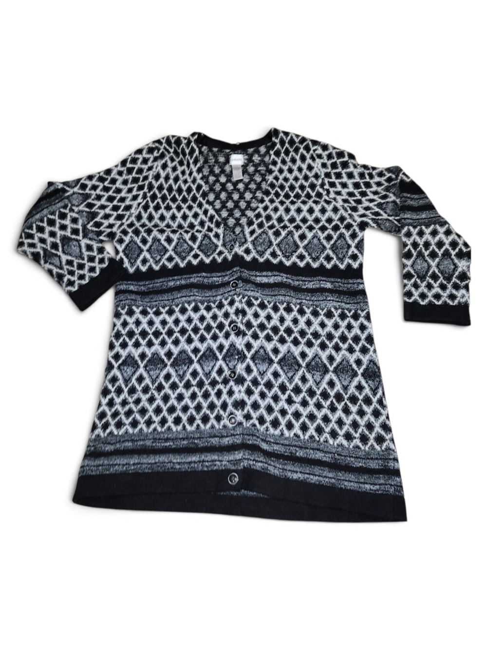 Chico's Black and White Geometric Button-Front Cardigan